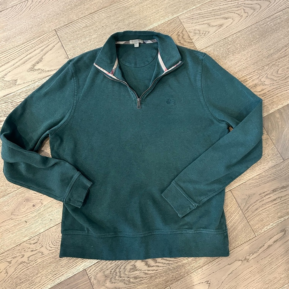 Men’s Burberry Green Half-Zip Sweater with Check Collar - XXL